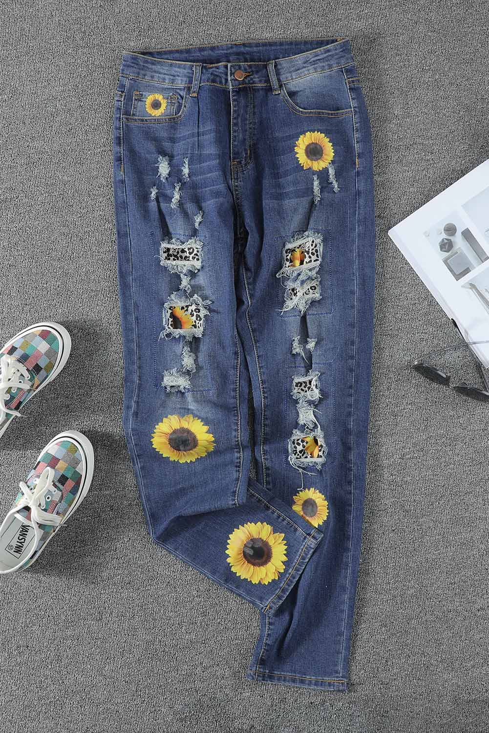 Leopard Patchwork Sunflower Print Distressed High Waist Jeans - LA Grand