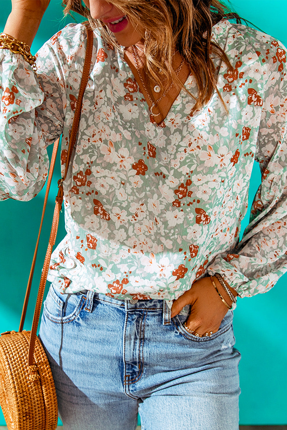 White Floral Print V Neck Long Puff Sleeve Top - LA Grand