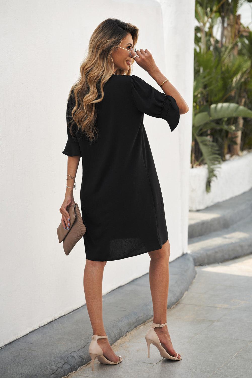 Obsidian Opulence Ruffled Sleeve Shift Dress - LA Grand