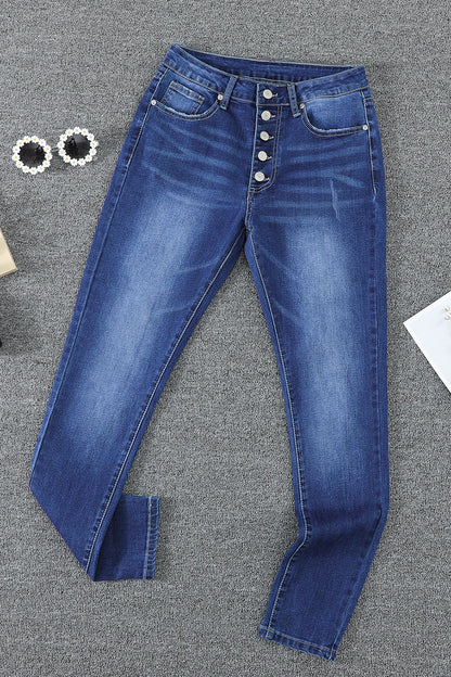 Blue High Rise Skinny Button Fly Jeans - LA Grand