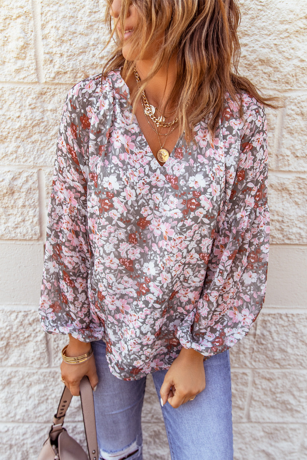 White Floral Print V Neck Long Puff Sleeve Top - LA Grand