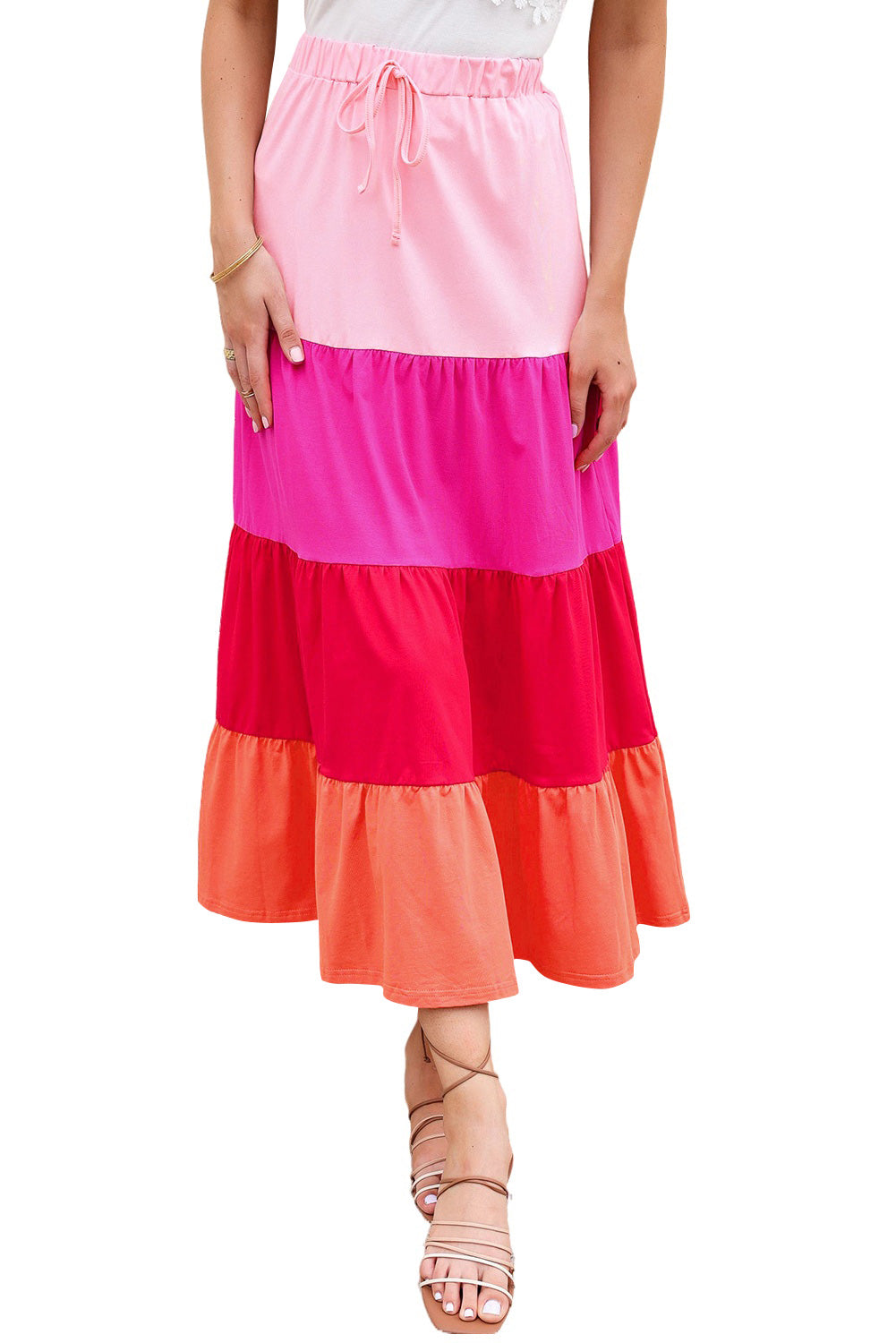 Pink Color Block Tiered Drawstring High Waist Maxi Skirt - LA Grand