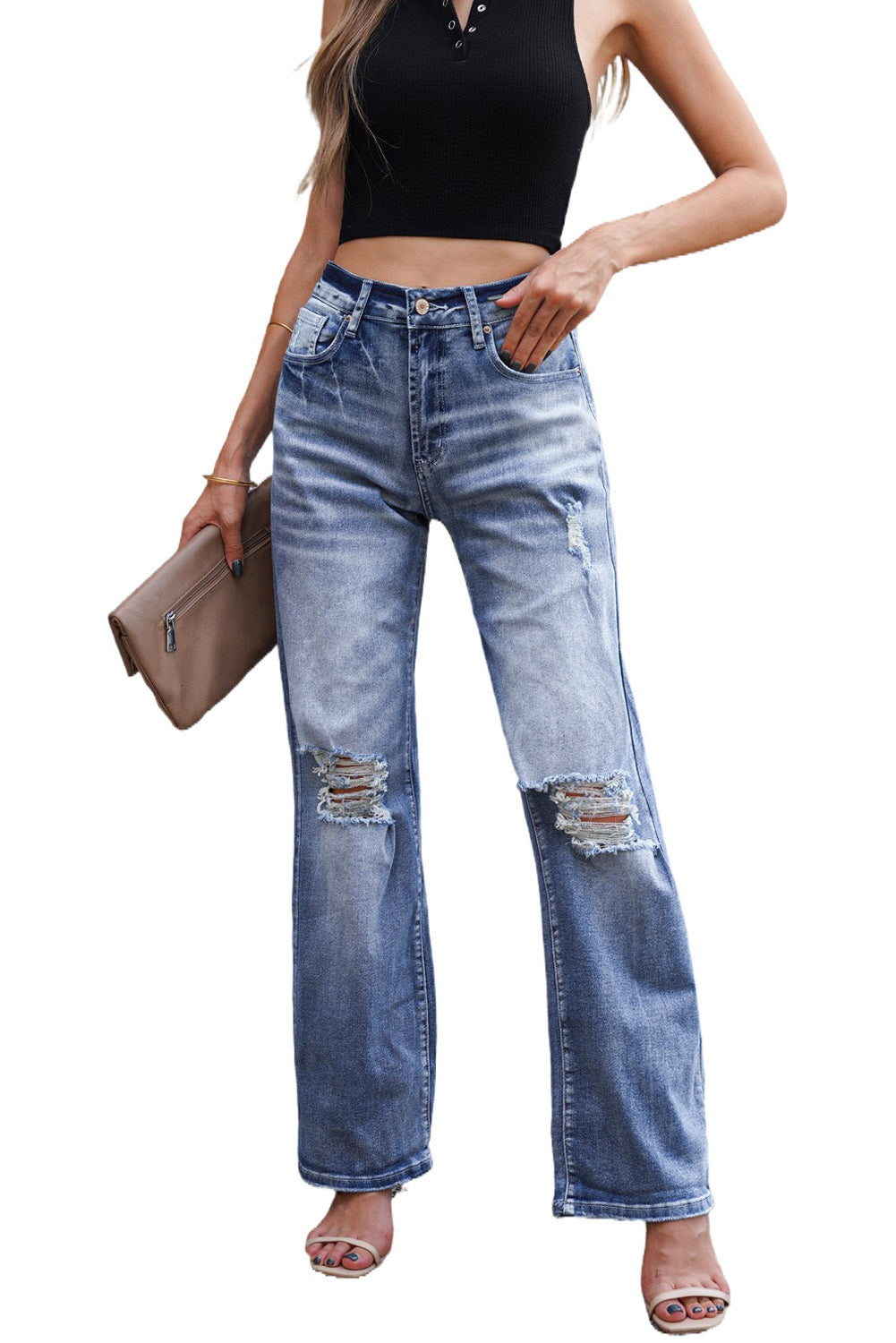 Blue High Waist Distressed Ripped Hole Flare Jeans - LA Grand