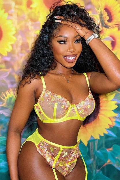 Yellow Floral Embroidered Strappy Three Pieces Lingerie Set - LA Grand