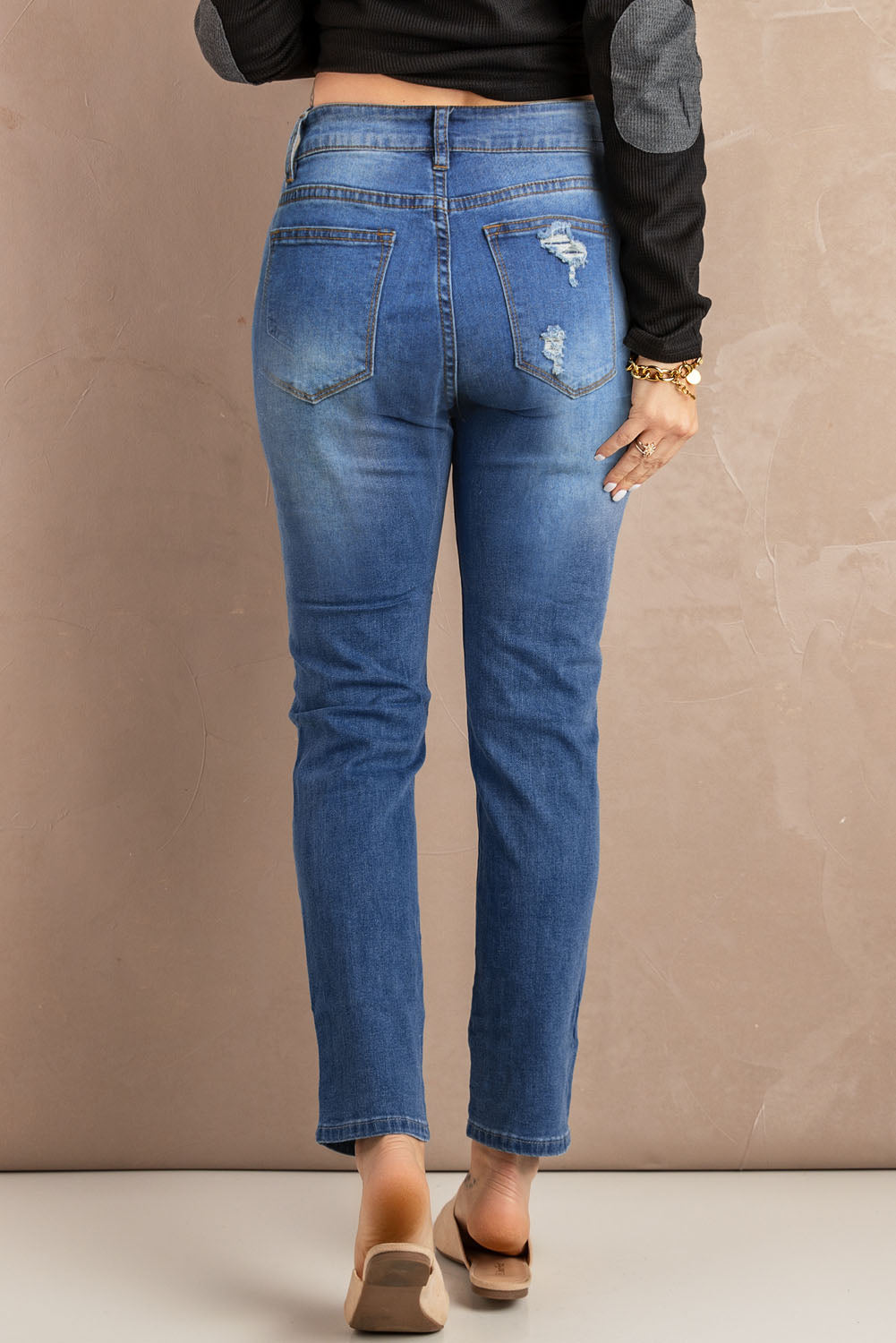 Blue Hollow Out Vintage Skinny Ripped Jeans - LA Grand