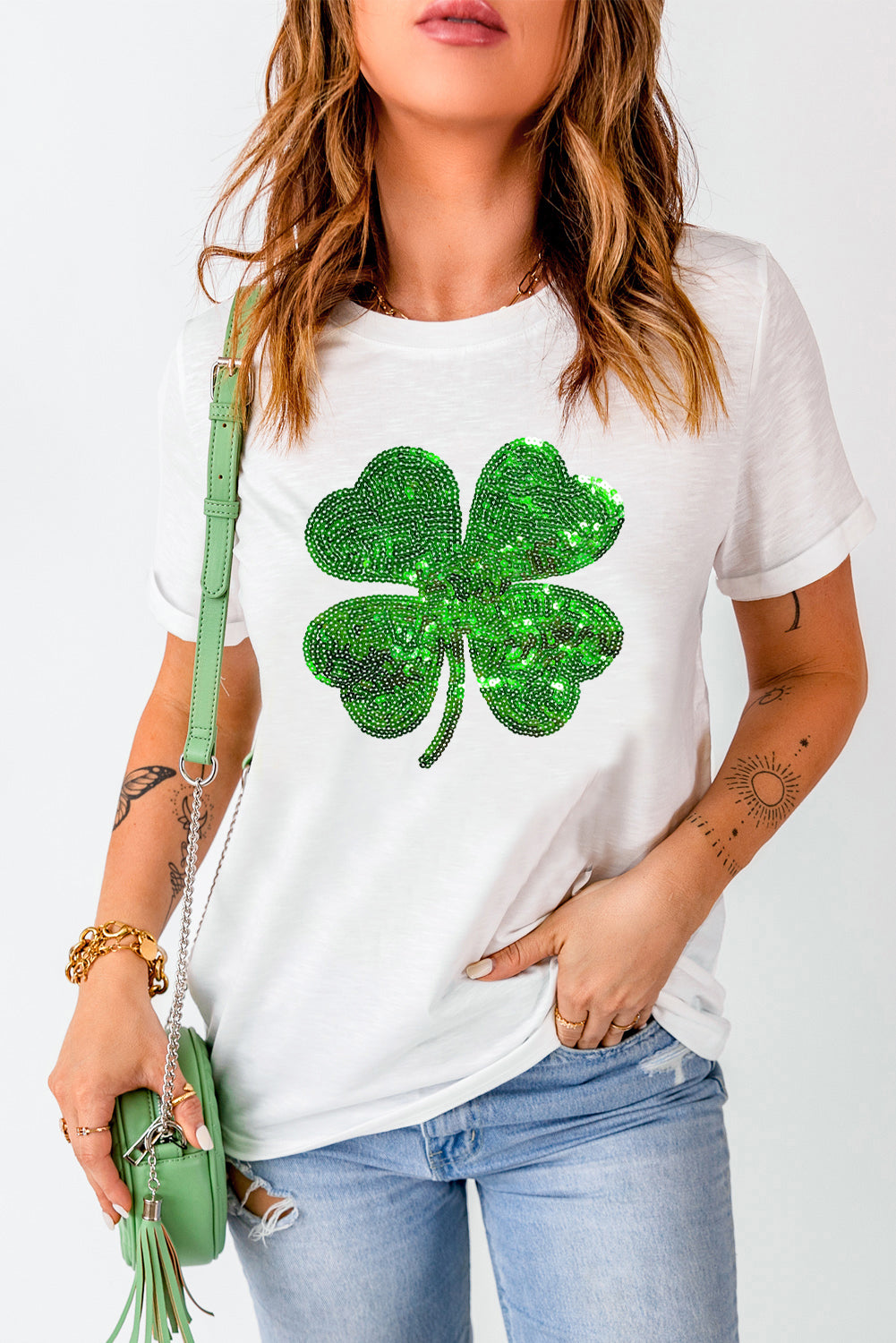 White Sequin Clover Patch Graphic St Patrick Fashion Tee - LA Grand