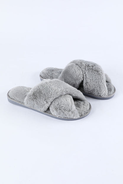 Gray Crossed Straps Winter Furry Slippers - LA Grand