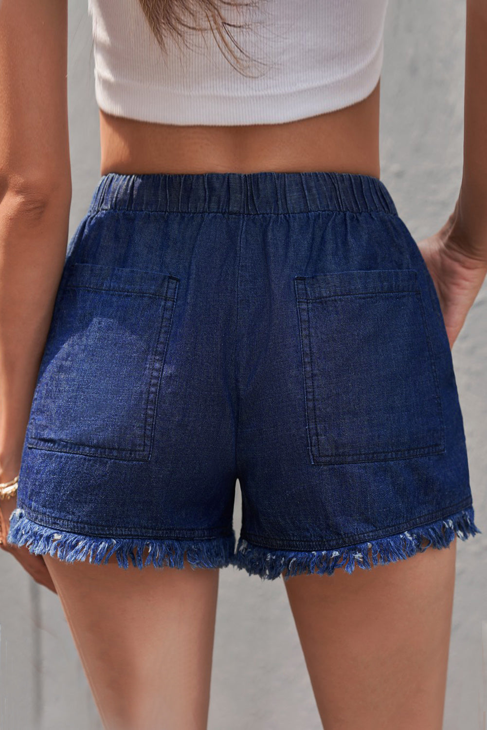 Dark Blue Casual Pocketed Frayed Denim Shorts - LA Grand