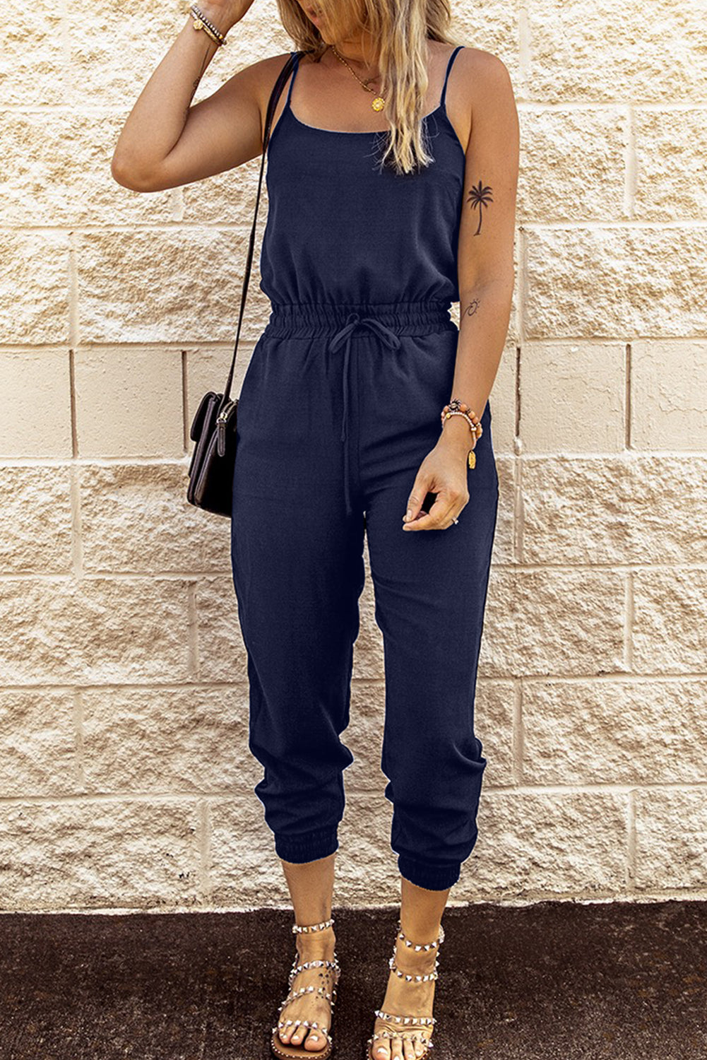 Blue Drawstring Waist Spaghetti Straps Jumpsuit - LA Grand