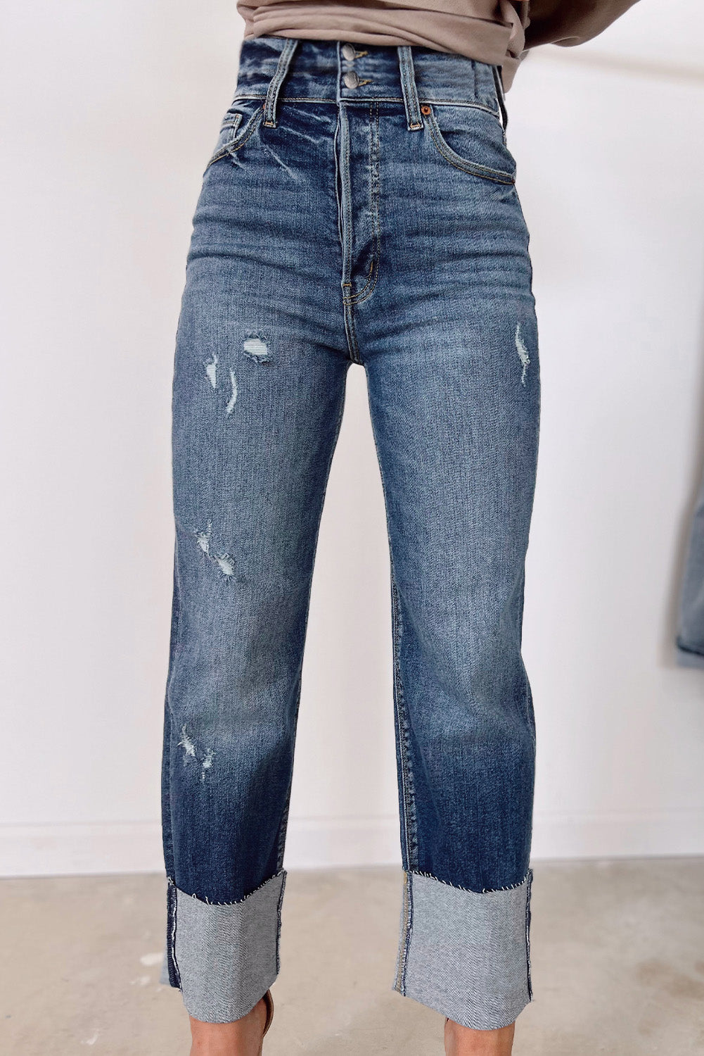 Blue High Waist Distressed Straight Leg Jeans - LA Grand