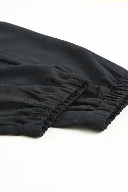 Black Solid Color Drawstring Smocked Waist Joggers - LA Grand