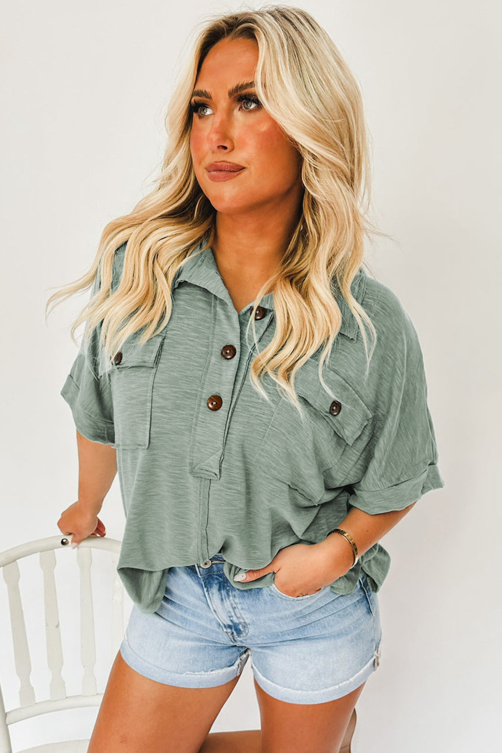 Moonlight Jade Chest Pockets Half Buttoned Collared Blouse - LA Grand