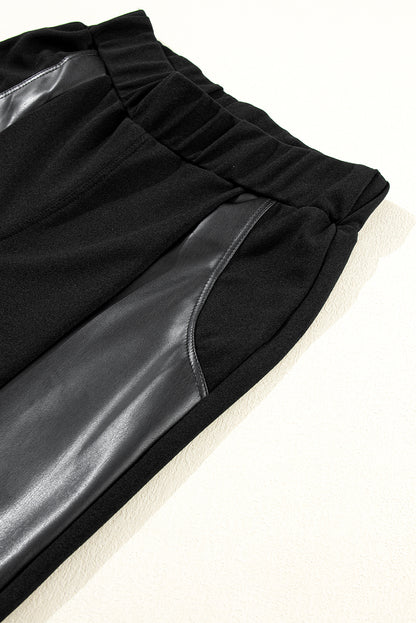 Black Leather Panel Patchwork High Waist Leggings - LA Grand