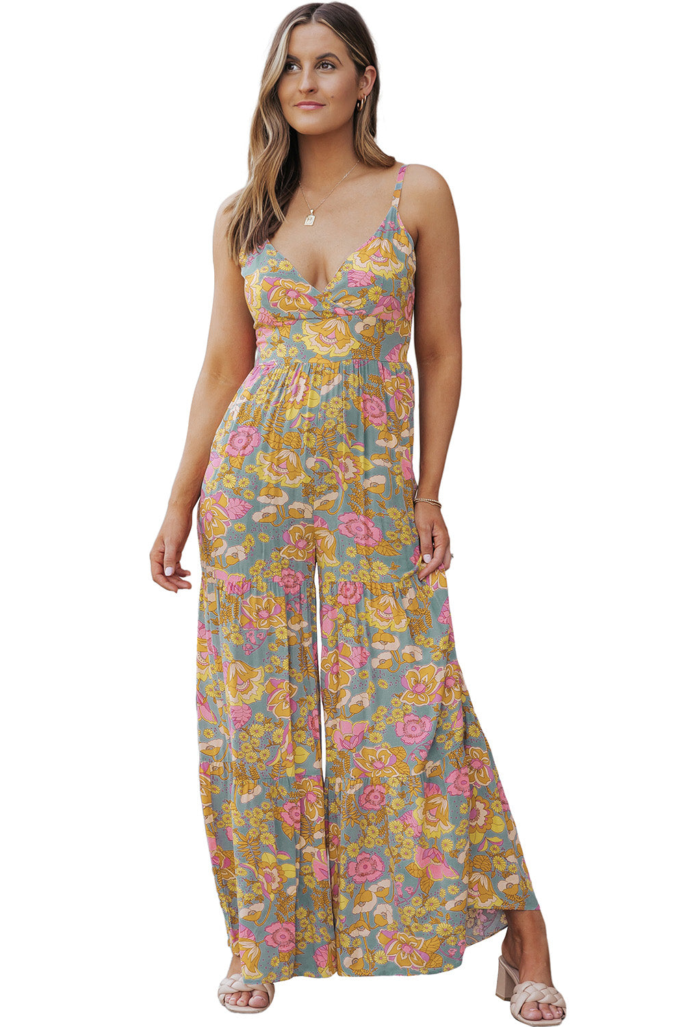 Sky Blue Adjustable Straps Floral Tiered Wide Leg Jumpsuit - LA Grand