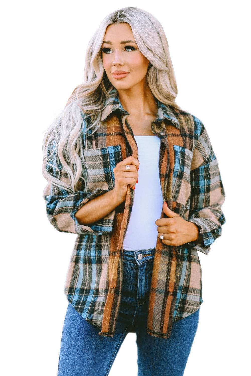 Brown Plaid Color Block Buttoned Shirt with Pockets - LA Grand