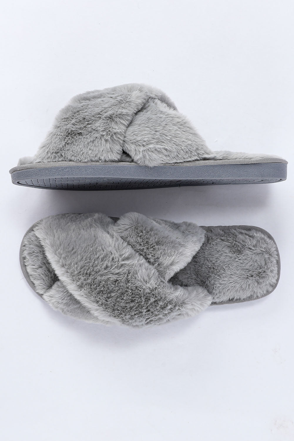 Gray Crossed Straps Winter Furry Slippers - LA Grand