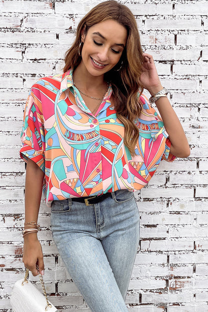 Multicolor Abstract Geometry Print Half Puff Sleeve Loose Shirt - LA Grand