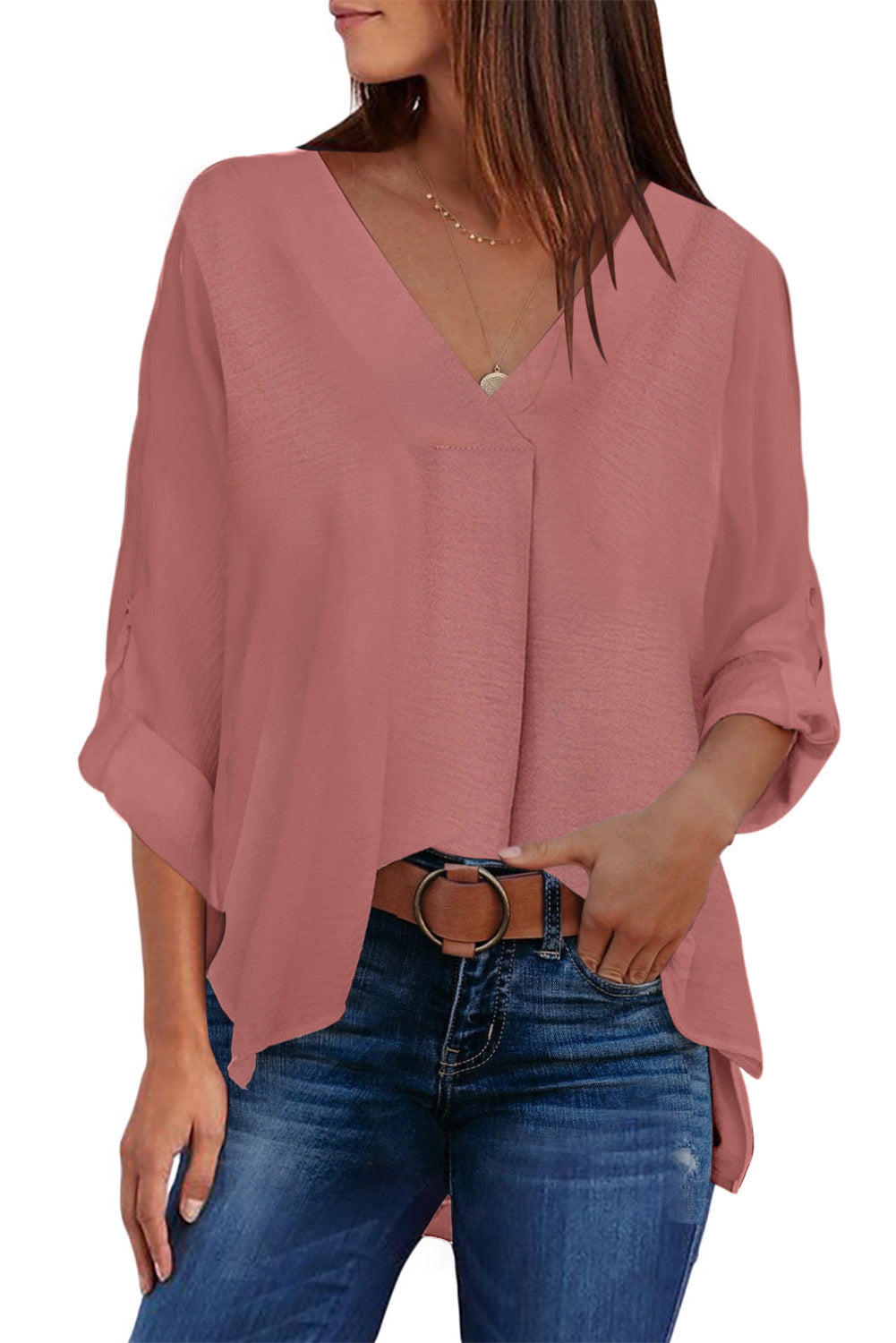 Blue V Neck 3/4 Sleeve High Low Hem Shirt - LA Grand