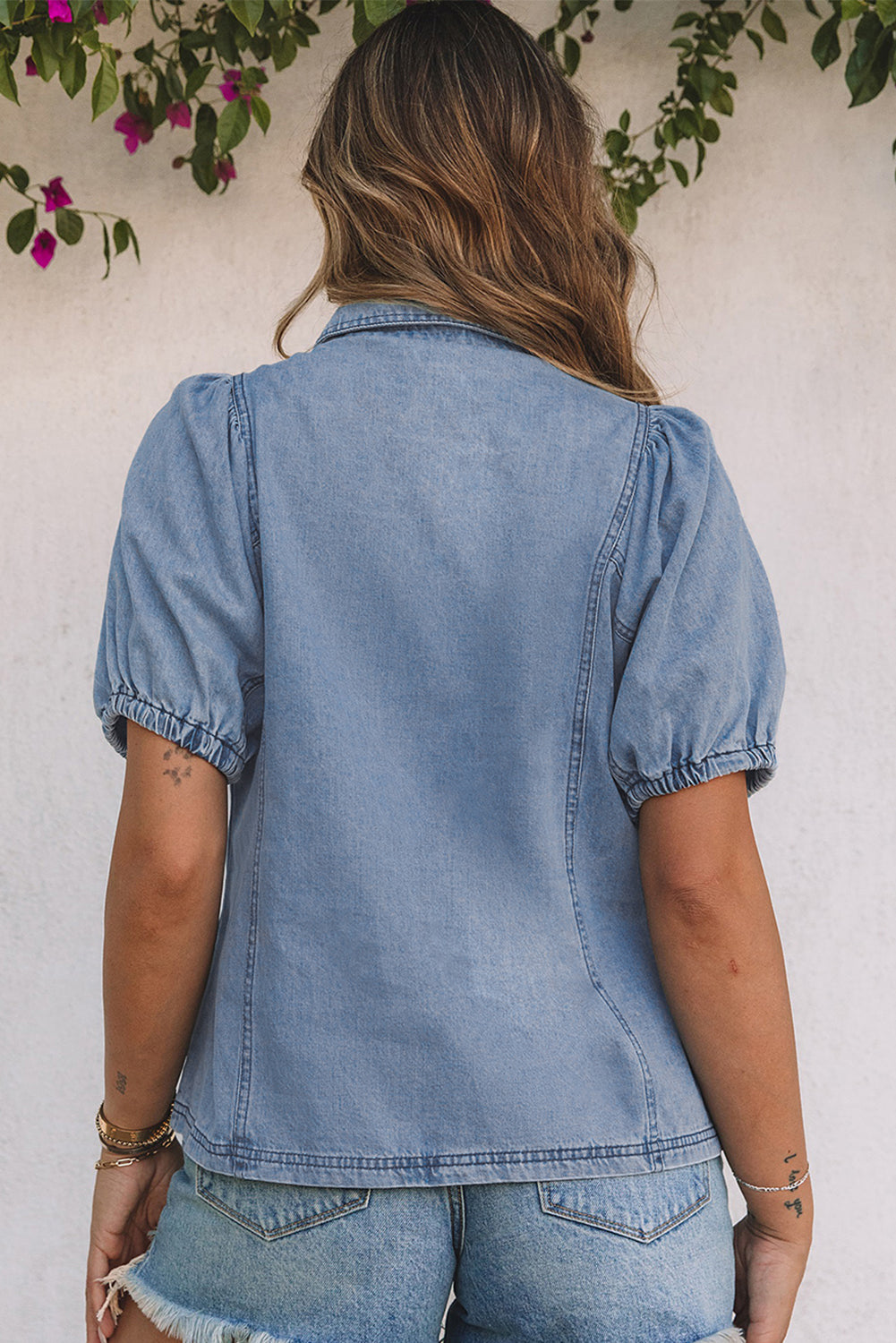 Sky Blue Short Bubble Sleeve Snap Button Denim Shirt - LA Grand