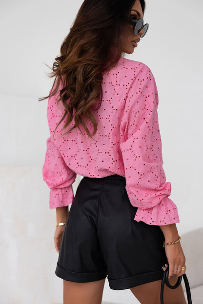 Pink Hollow Out Embroidered Floral Shirt - LA Grand