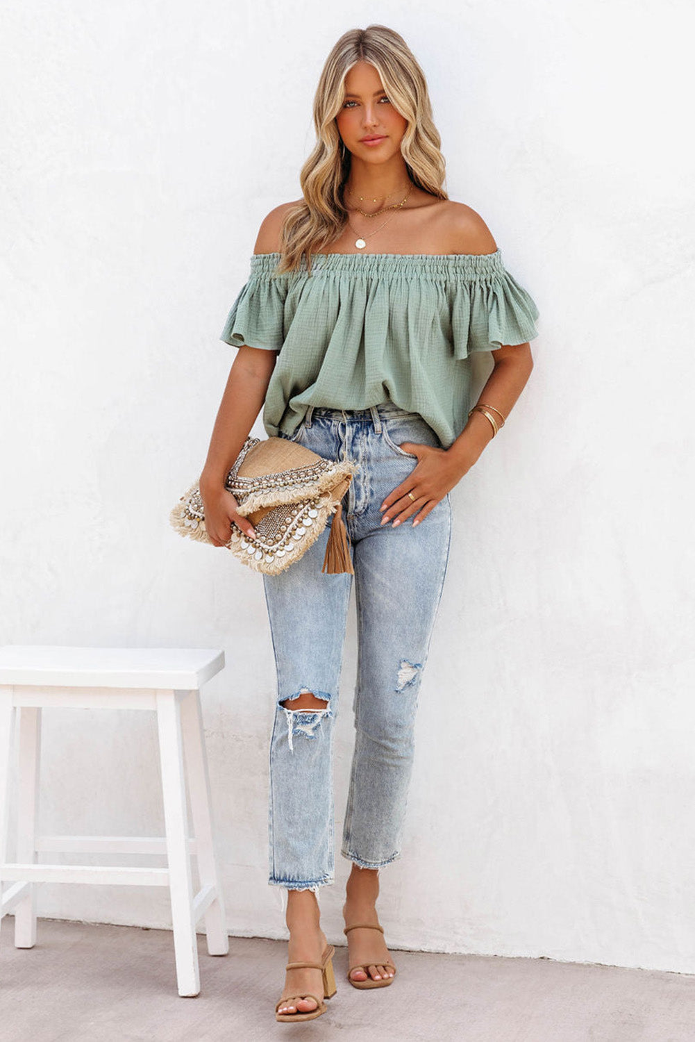 Green Off Shoulder Textured Ruched Ruffle Blouse - LA Grand