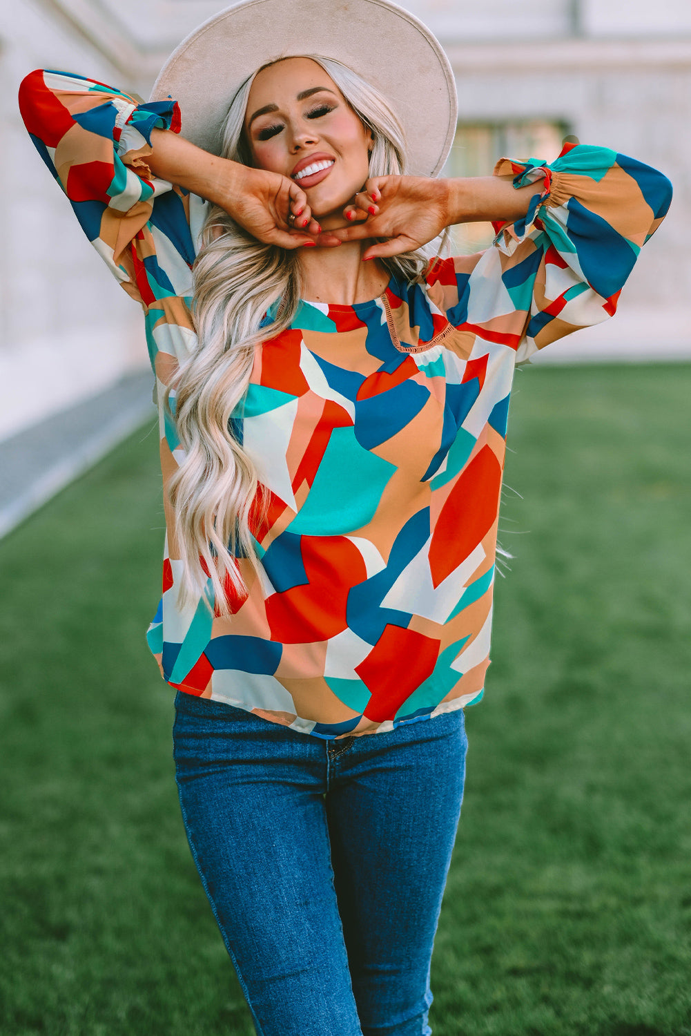 Abstract Pattern Crewneck Ruffled Puff Sleeve Blouse - LA Grand