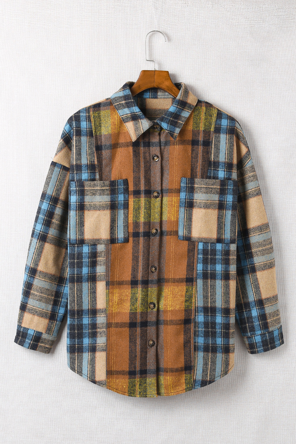 Brown Plaid Color Block Buttoned Shirt with Pockets - LA Grand