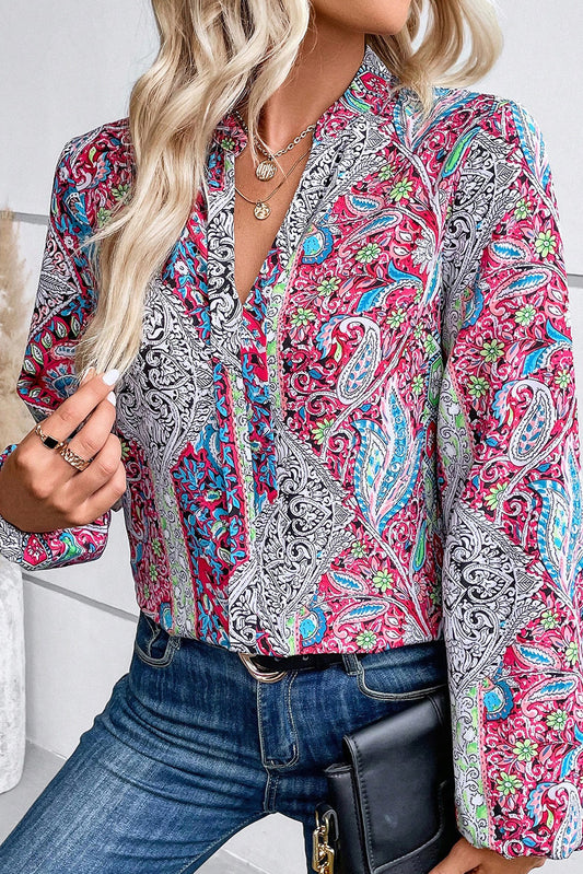 Pink Vintage Boho Paisley Print Notched Neck Blouse - LA Grand