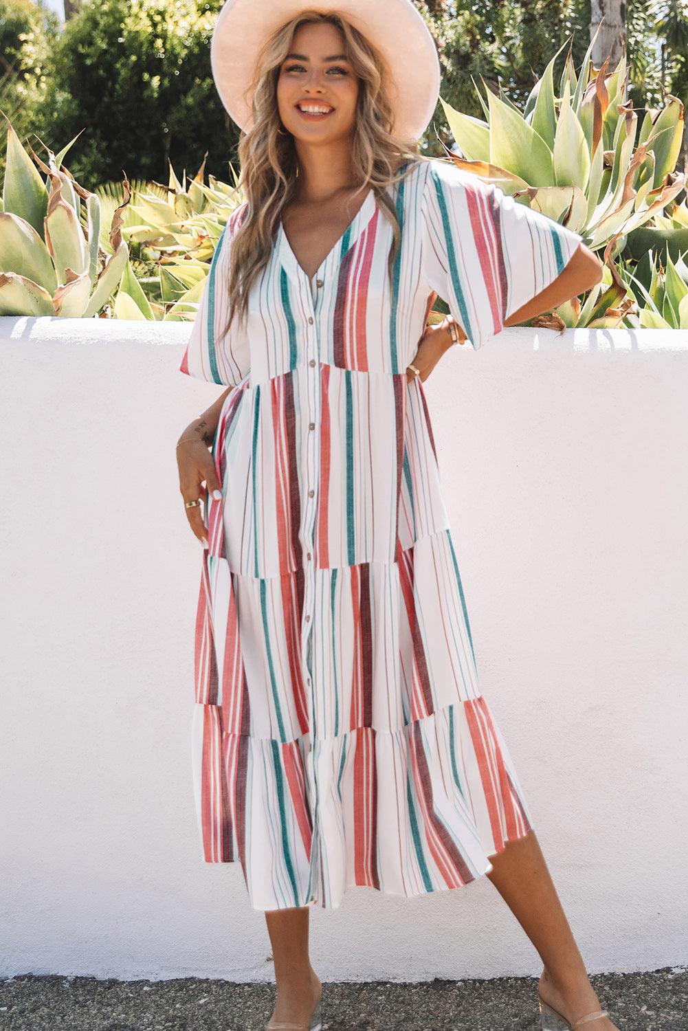 Chic Striped V-Neck Dress - LA Grand