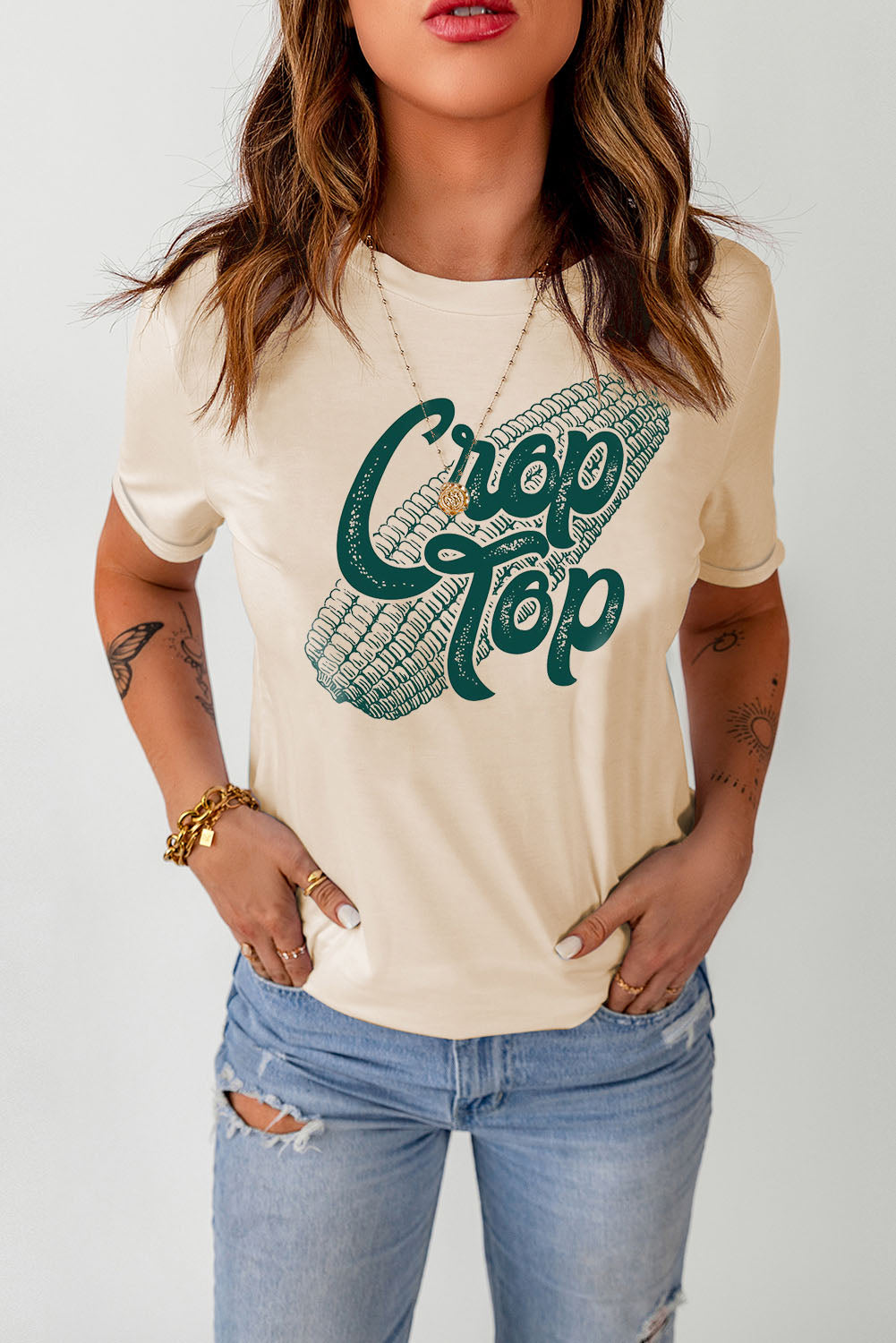 Khaki Corn Crop Top Graphic Tee - LA Grand