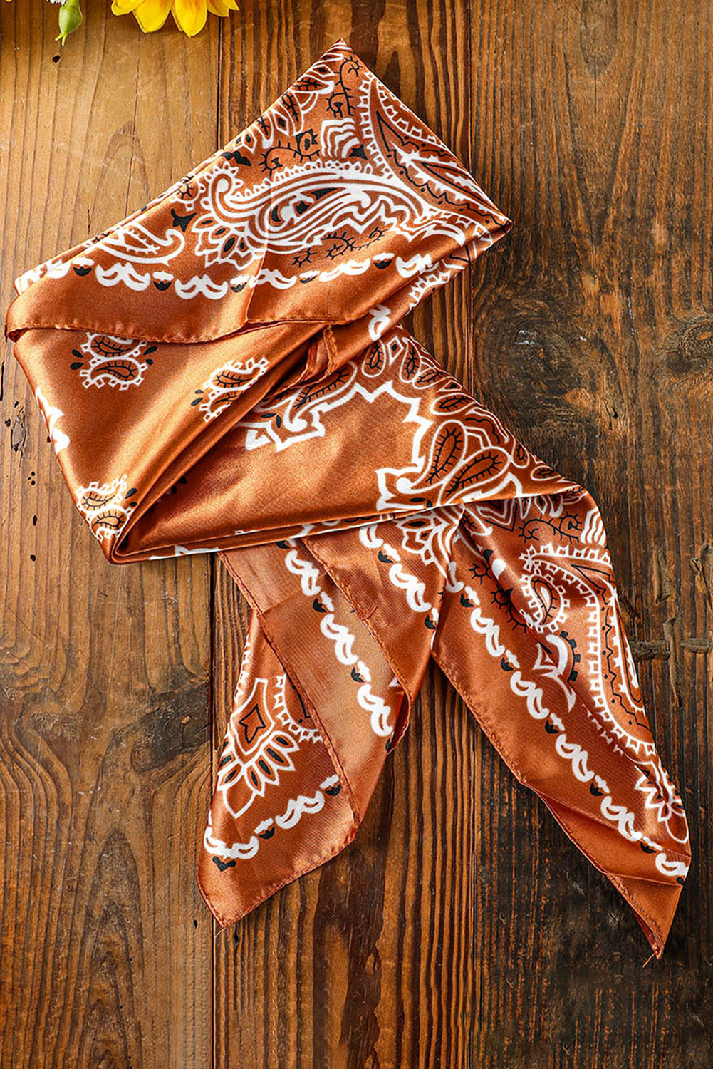 Gold Flame Vintage Fashion Satin Paisley Flower Prints Square Scarf - LA Grand