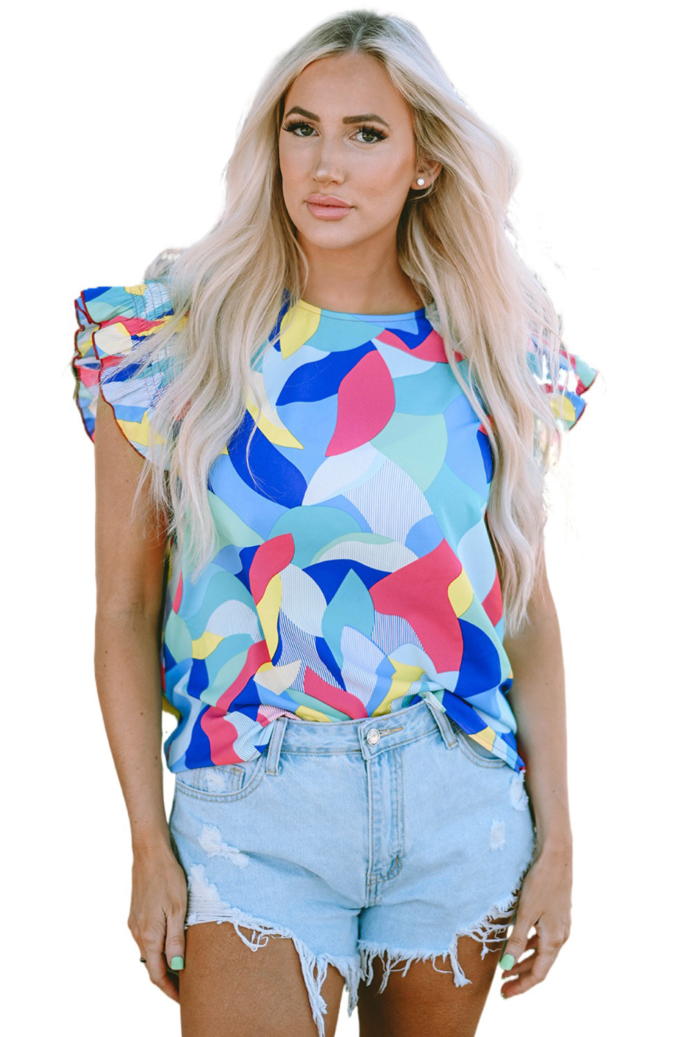 Multicolor Abstract Print Stitching Ruffle Sleeve Blouse - LA Grand