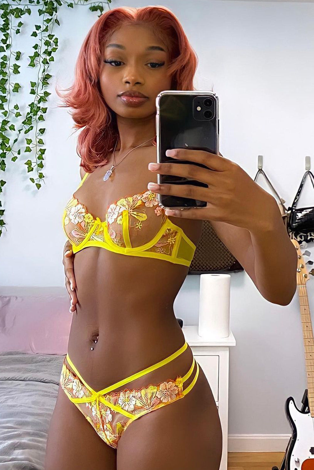 Yellow Floral Embroidered Strappy Three Pieces Lingerie Set - LA Grand