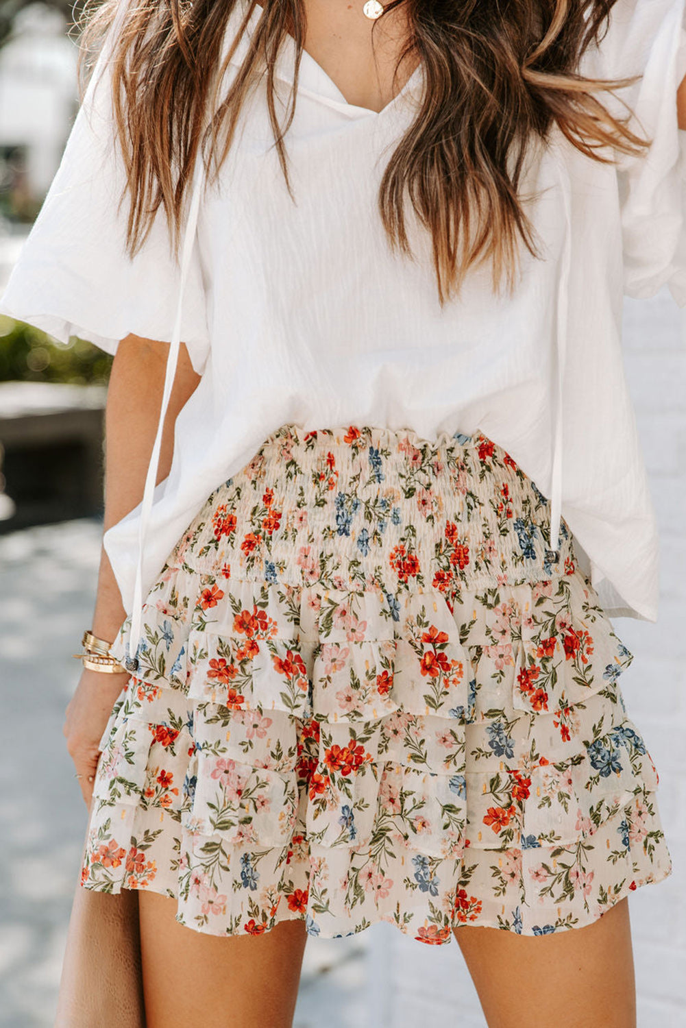 Beige Smocked High Waist Ruffle Tiered Floral Skirt - LA Grand