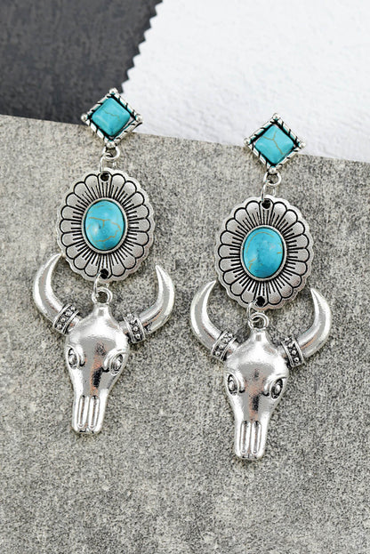 Silver Turquoise Gem Stone Flower Steer Head Boho Earrings - LA Grand