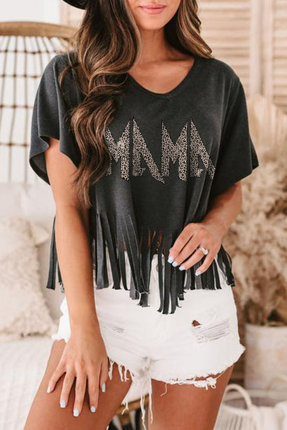 Black Leopard MAMA Fringed Hem Top - LA Grand