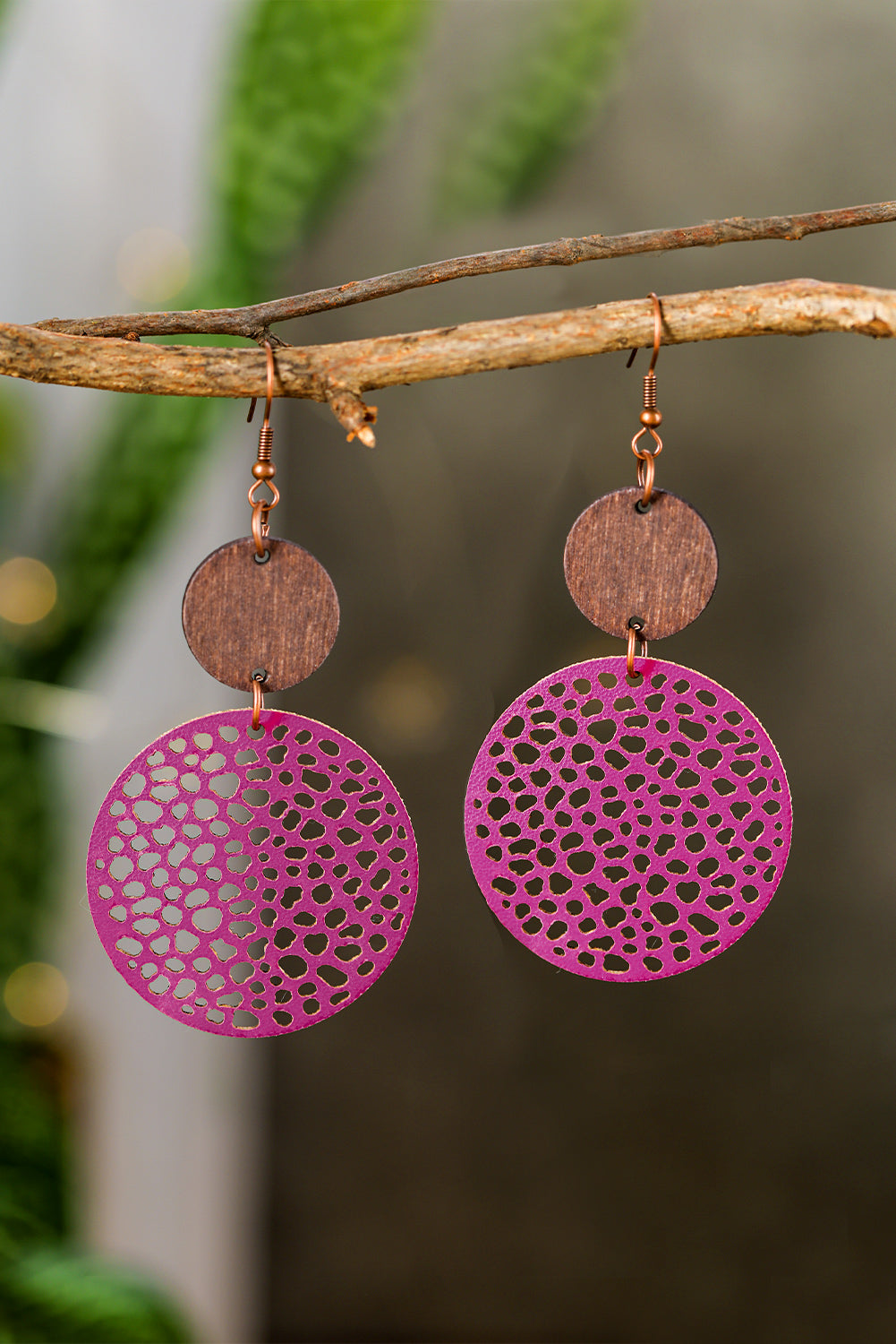 Beige Hollow Out Wooden Round Drop Earrings - LA Grand