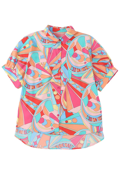 Multicolor Abstract Geometry Print Half Puff Sleeve Loose Shirt - LA Grand