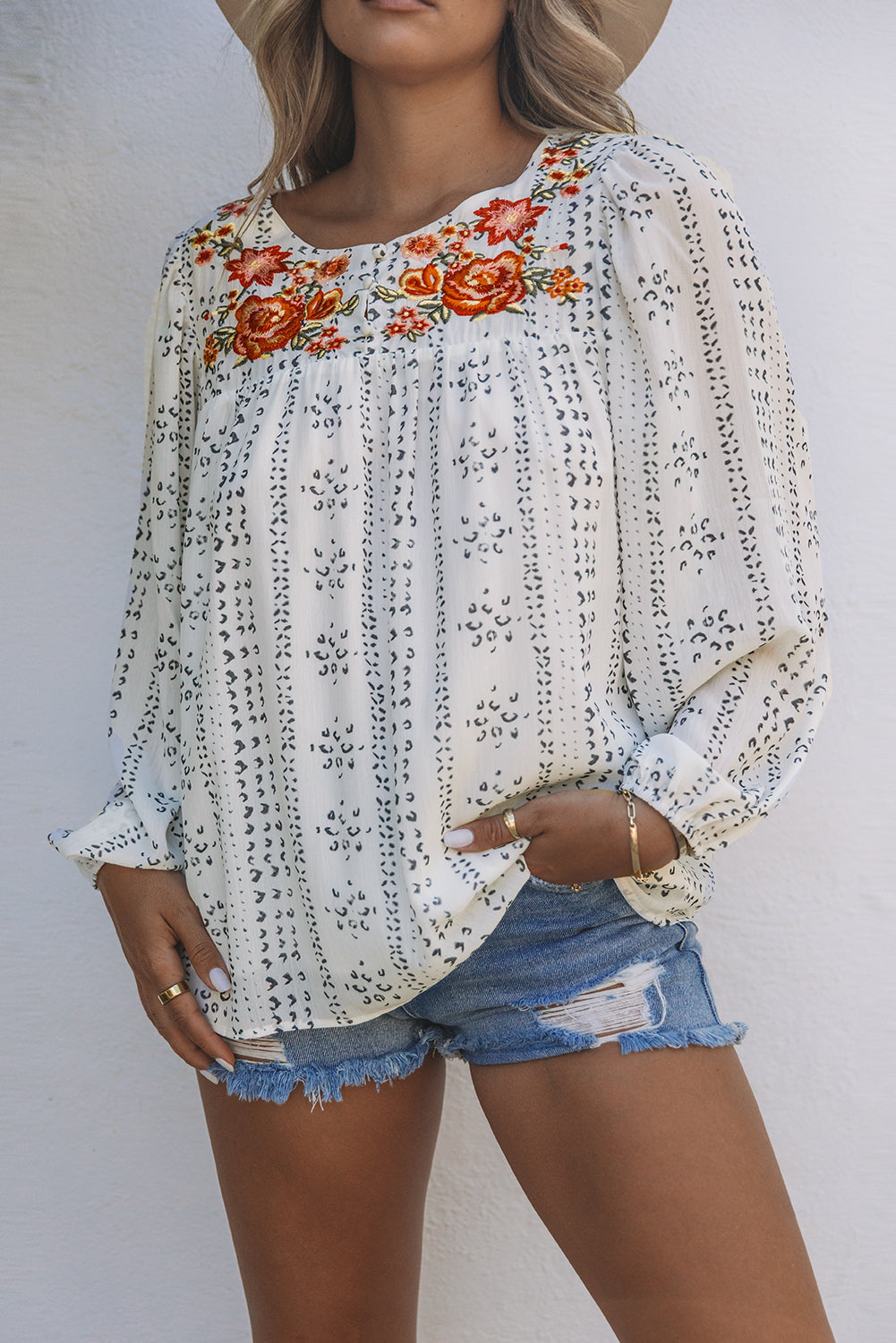 Beige Long Sleeve Embroidered Print Blouse - LA Grand