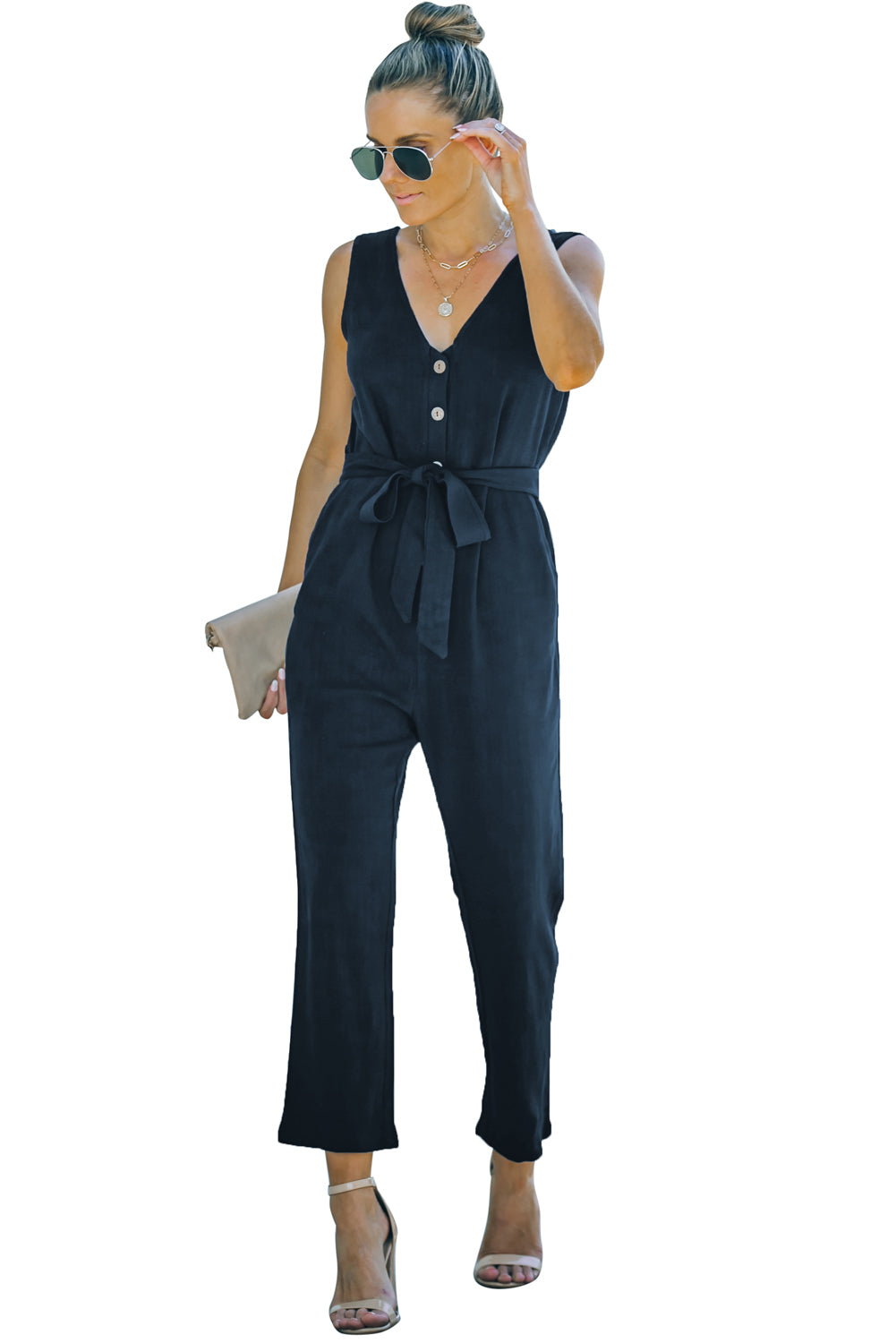 Black V Neck Button Belted Jumpsuit with Pockets - LA Grand