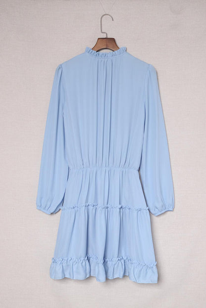 Light Blue V Neck Long Sleeve Ruffle Tiered Mini Dress - LA Grand