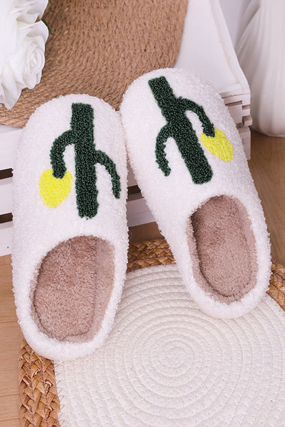 White Fuzzy Cactus Pattern Winter Home Slippers - LA Grand