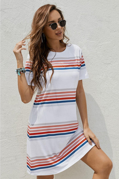 Striped Print Round Neck T-shirt Mini Dress - LA Grand