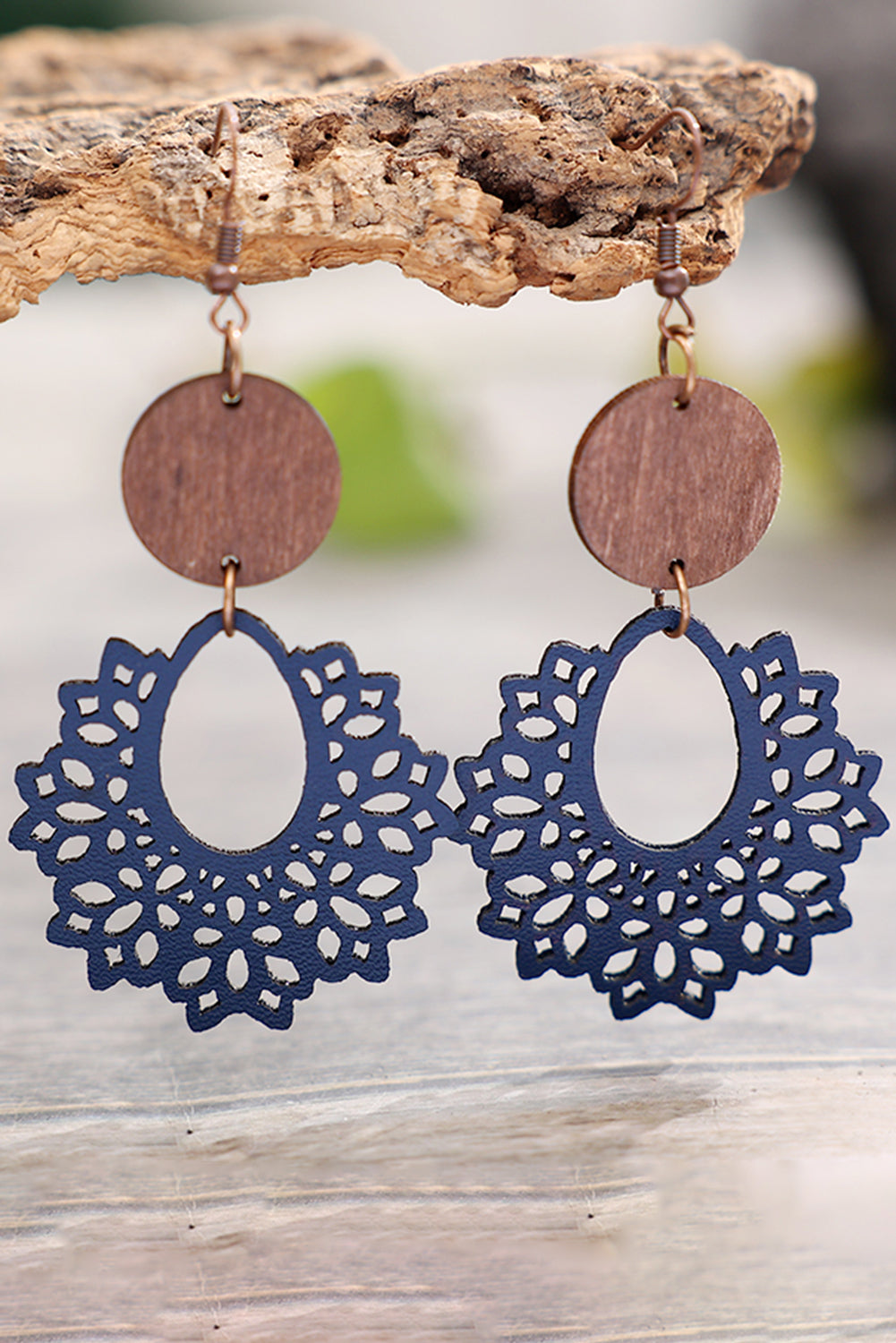 White Hollowed Flower Round Wood Pendant Earrings - LA Grand