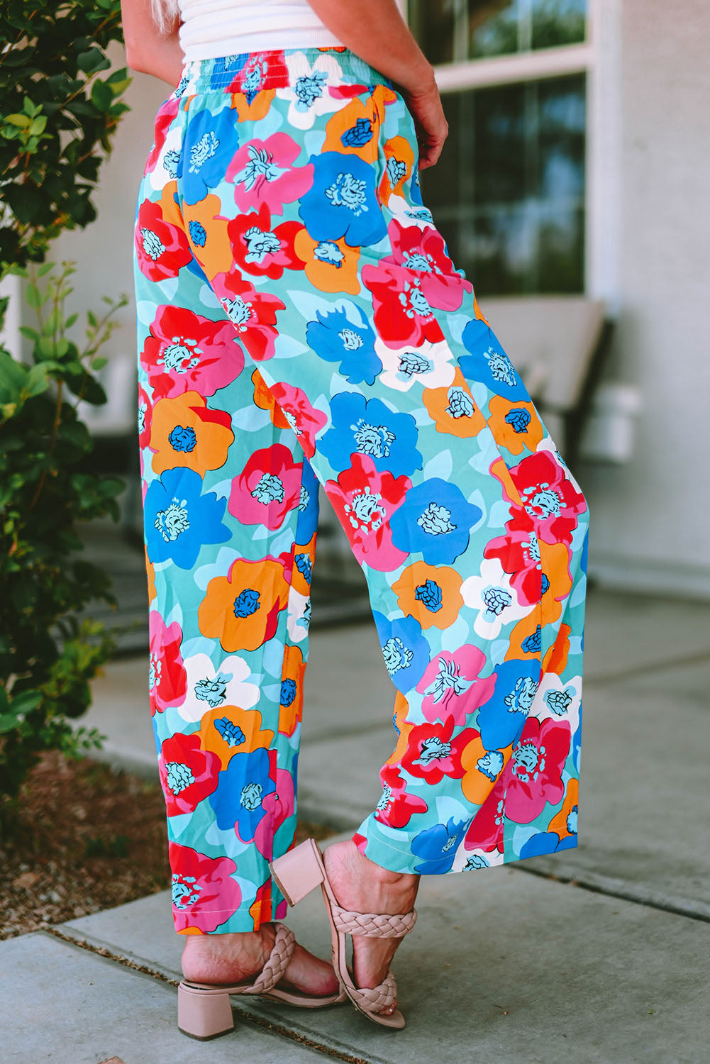 Multicolor Abstract Floral Print Drawstring Wide Waistband Pants - LA Grand