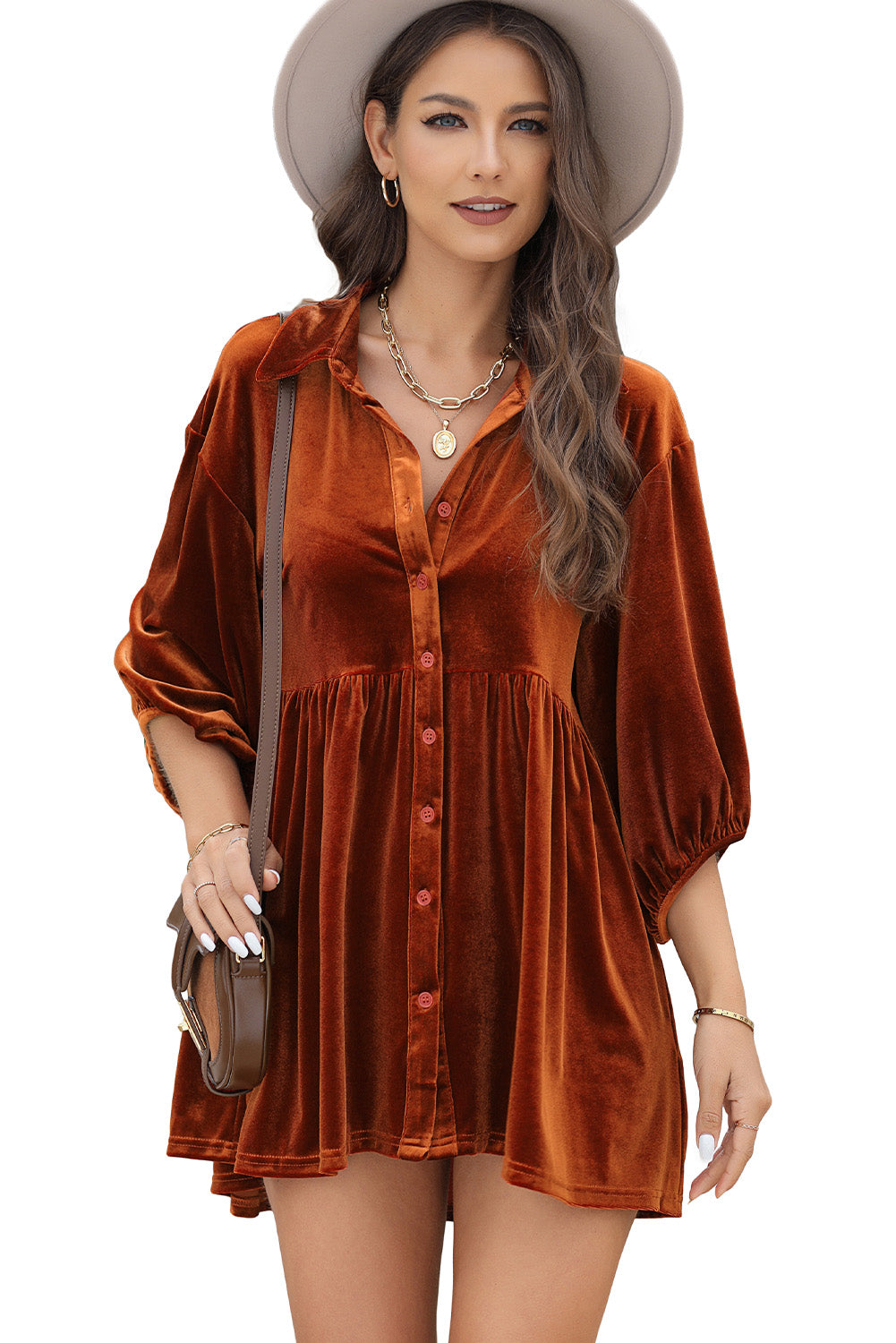 Chestnut 3/4 Sleeve Tunic Babydoll Velvet Shirt - LA Grand