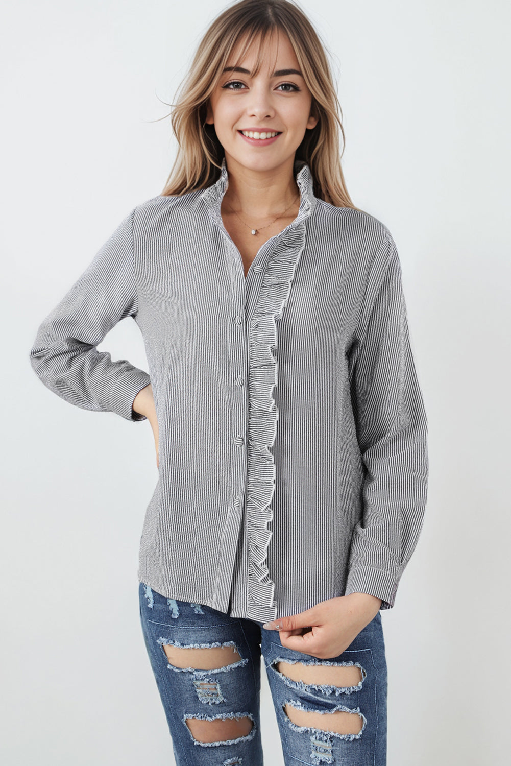 Gray Ruffled Trim Striped Print Textured Shirt - LA Grand