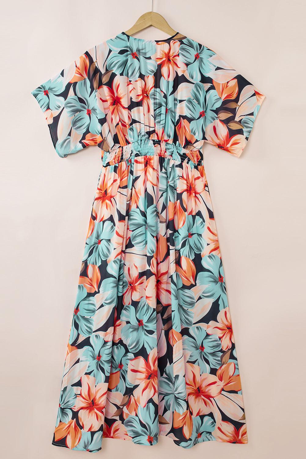 Orange Floral Kimono Long Dress with Slit - LA Grand