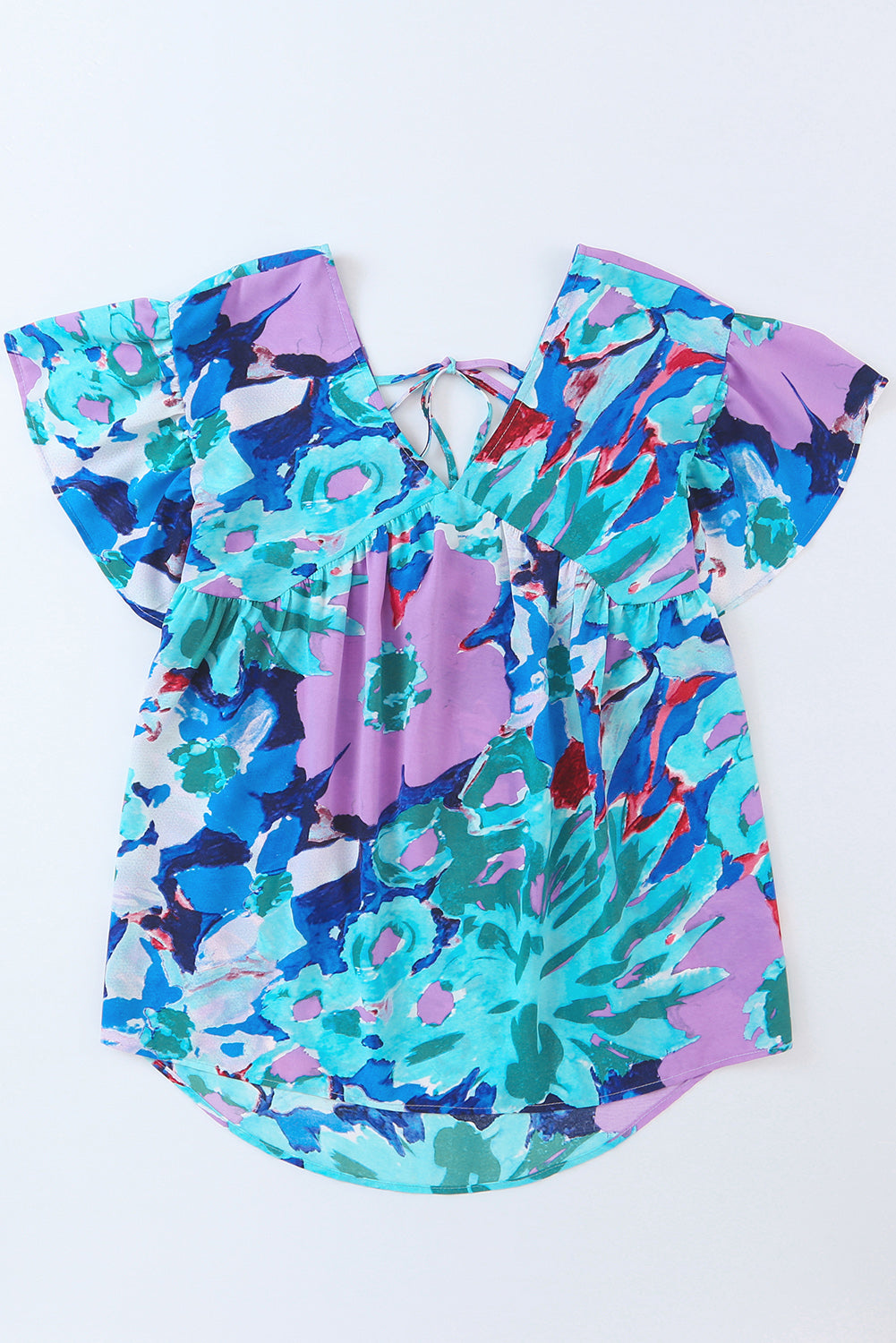 Sky Blue Abstract Print V Neck Flutter Sleeve Blouse - LA Grand