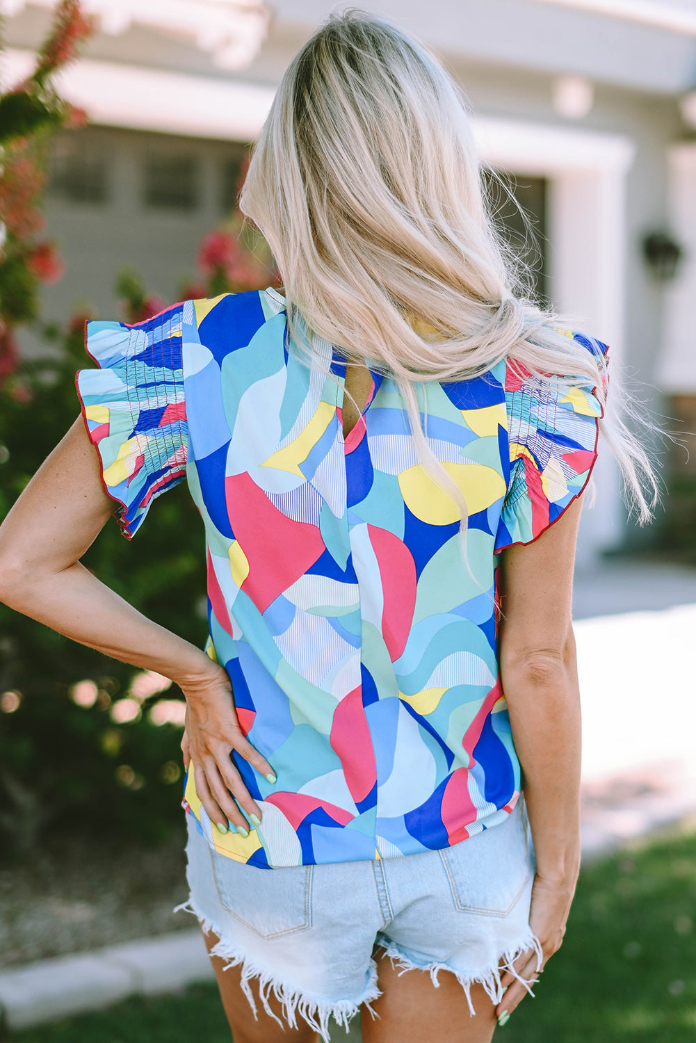 Multicolor Abstract Print Stitching Ruffle Sleeve Blouse - LA Grand